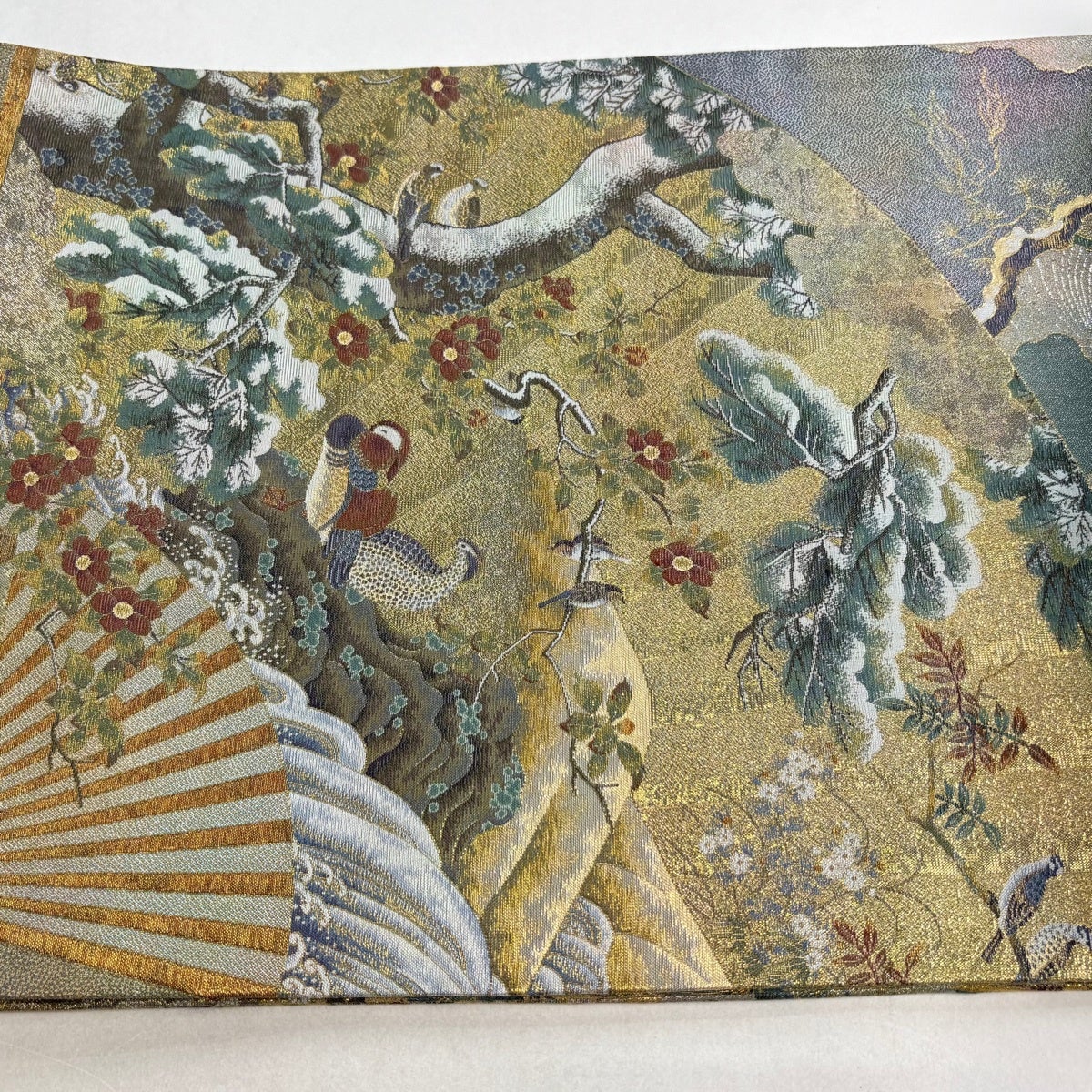 美品】 丸帯 逸品 日本屏風絵大観 扇 花鳥 金糸 箔 金色 お太鼓柄 正絹