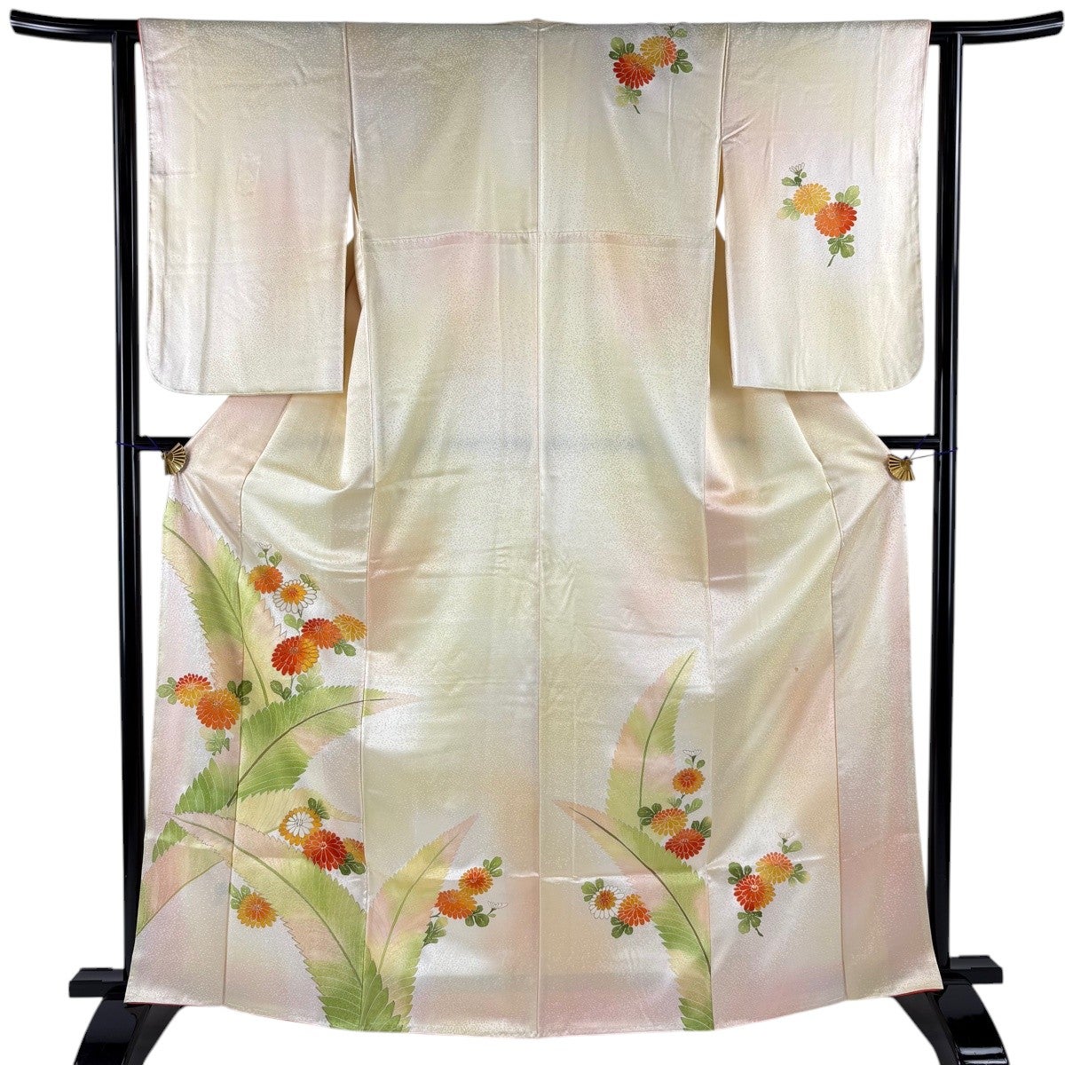 付下げ 身丈165.5cm 裄丈61.5cm S 袷 菊 葉 金糸 金彩 薄黄 正絹 優品