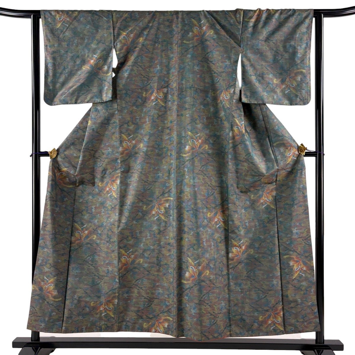 紬 身丈154cm 裄丈62.5cm S 袷 草花 幾何学 青緑 正絹 優品｜中古