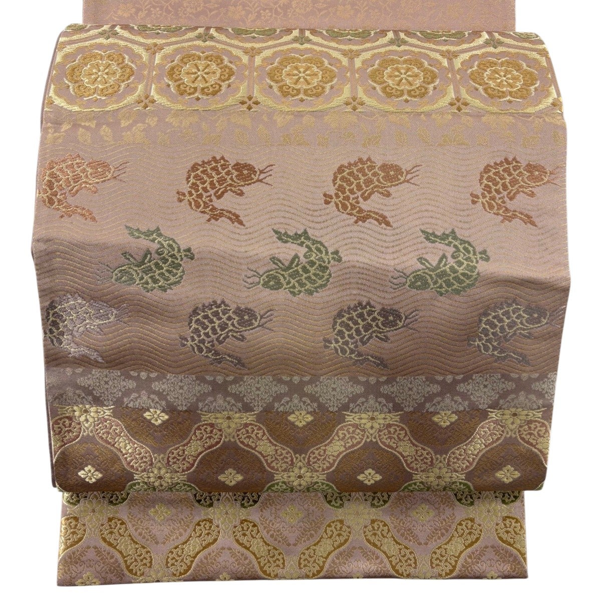 悠久の美　箔屋清兵衛　袋帯 美品 逸品 落款 箔 灰紫 お太鼓柄 正絹 美品】 袋帯 名品 箔屋清兵衛 落款あり 悠久の美 名物裂文様 茶の心