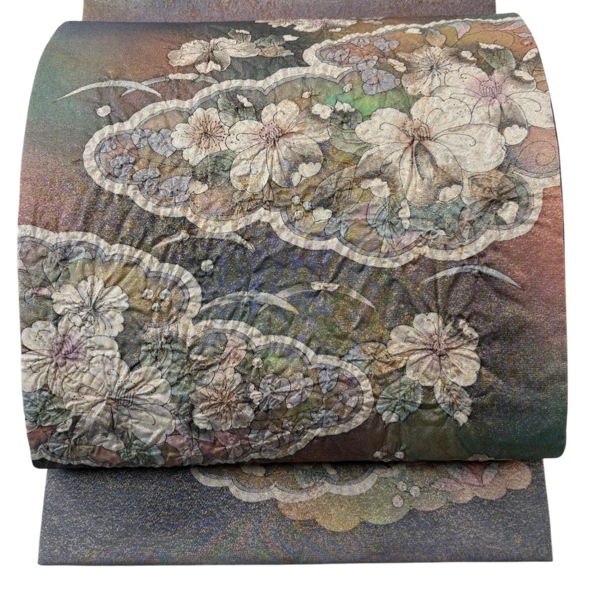 袋帯 箔 お太鼓柄 秀品 雲文 金糸 美品 正絹 金色 草花 中古 正絹