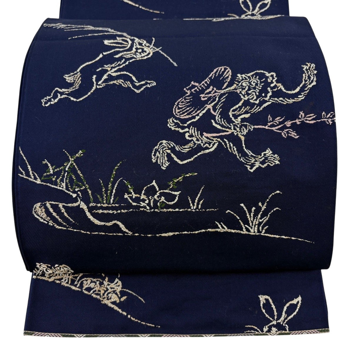 美品】 名古屋帯 逸品 夏帯 絽 鳥獣戯画 霞 金糸 ラメ糸 白 正絹｜中古