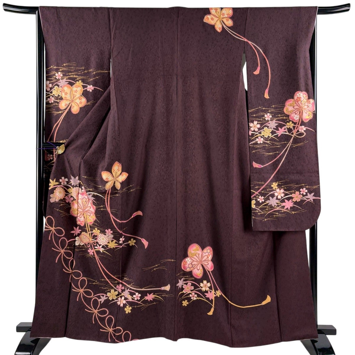振袖 身丈168.5cm 裄丈69cm L 袷 桜 金彩 箔 茶紫 正絹 名品｜中古