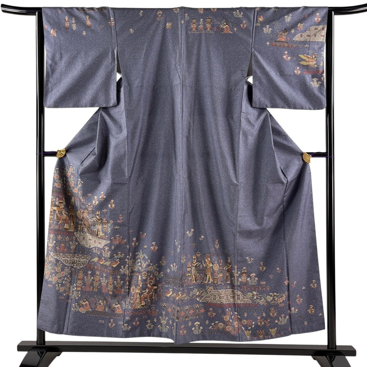美品】 訪問着 身丈154cm 裄丈64cm M 袷 紬地 コプト柄 草花 金彩 青