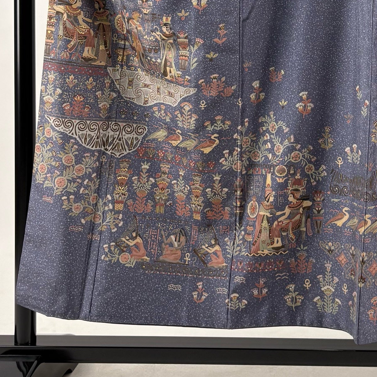 美品】 訪問着 身丈154cm 裄丈64cm M 袷 紬地 コプト柄 草花 金彩 青