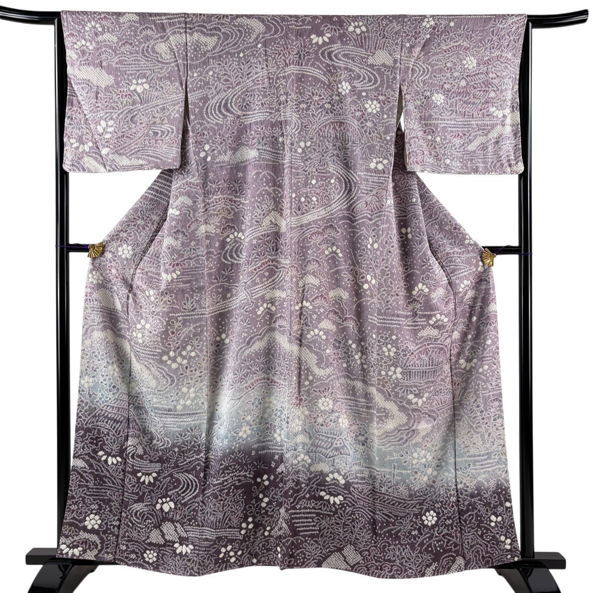 新古品！単衣＊灰藤色＊絞り＆織り出し＊ラグジュアリー＊着物＊１５９ｃｍ＊裄６５ 美品】 訪問着 身丈159cm 裄丈64.5cm M 袷 建物 草花 絞り 薄紫 正絹