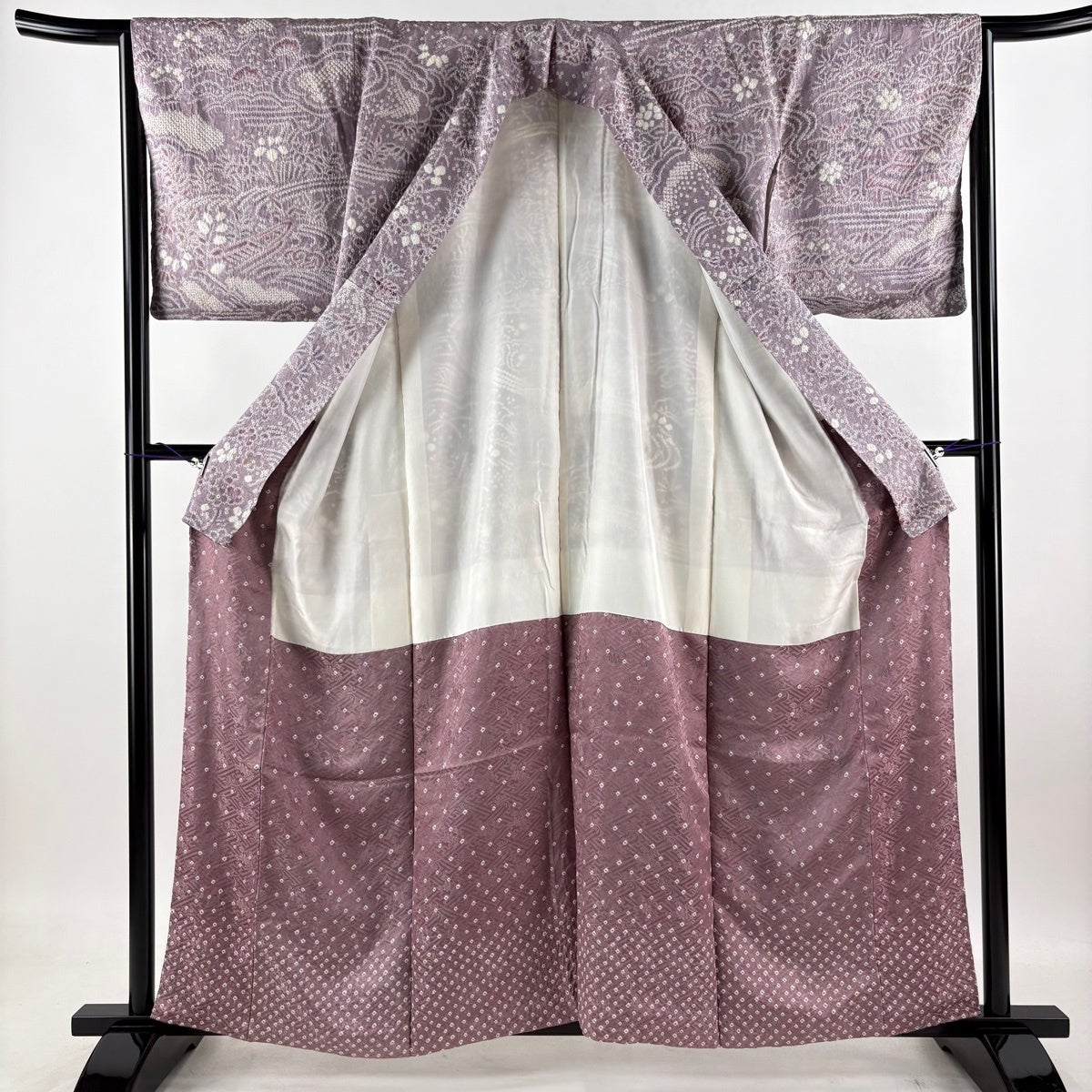 美品】 訪問着 身丈159cm 裄丈64.5cm M 袷 建物 草花 絞り 薄紫 正絹