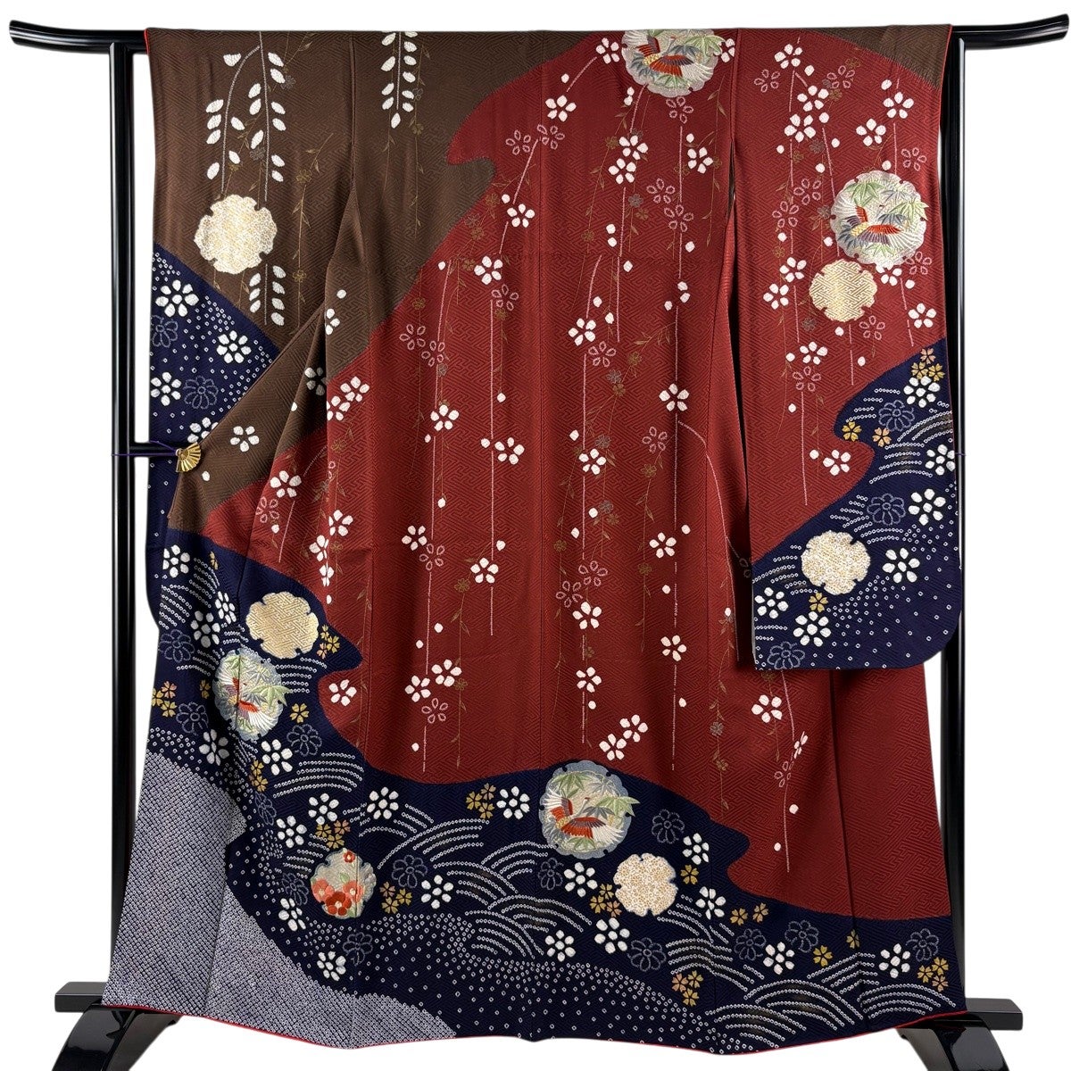 美品】 振袖 身丈162cm 裄丈62.5cm S 袷 鶴 雪輪 刺繍 絞り 赤茶 正絹