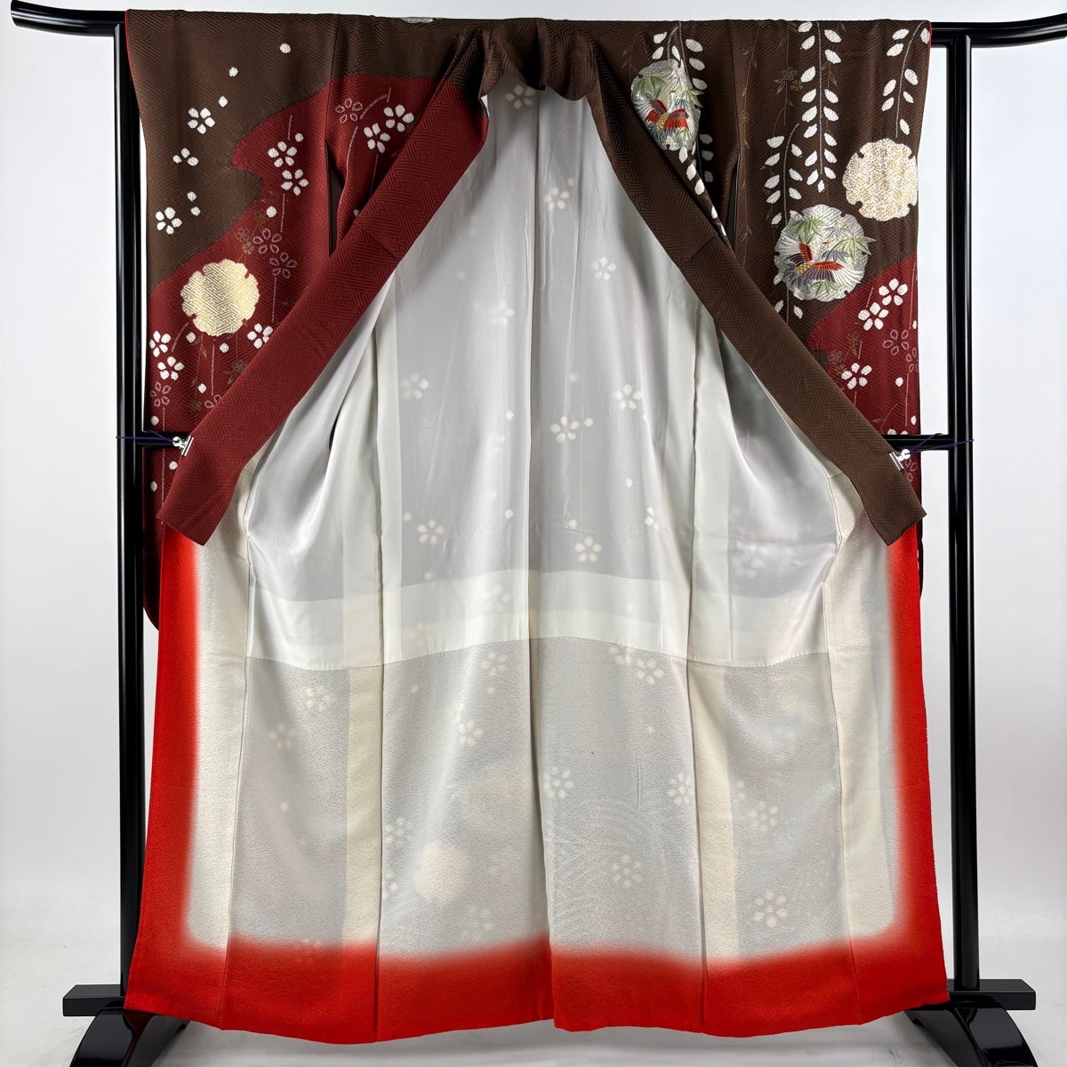 美品】 振袖 身丈162cm 裄丈62.5cm S 袷 鶴 雪輪 刺繍 絞り 赤茶 正絹