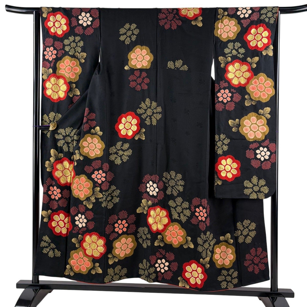 振袖 身丈152.5cm 裄丈64cm M 袷 菊 地紋 金彩 絞り 黒 正絹 名品