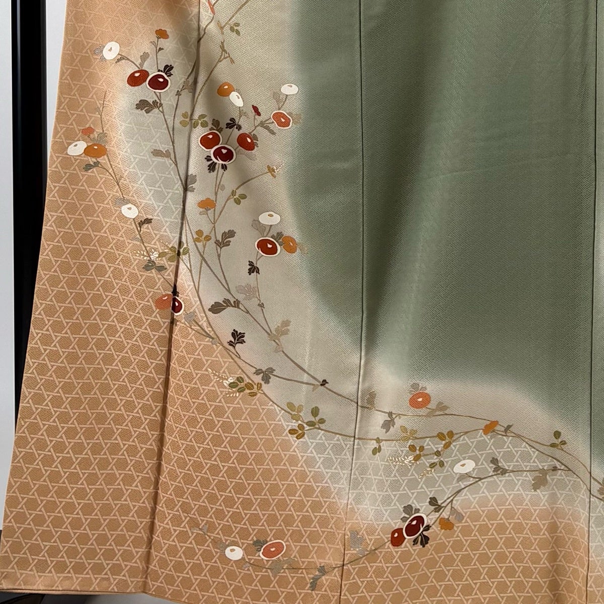 訪問着 身丈162cm 裄丈64cm M 袷 万寿菊 籠目 金彩 ぼかし 薄オレンジ