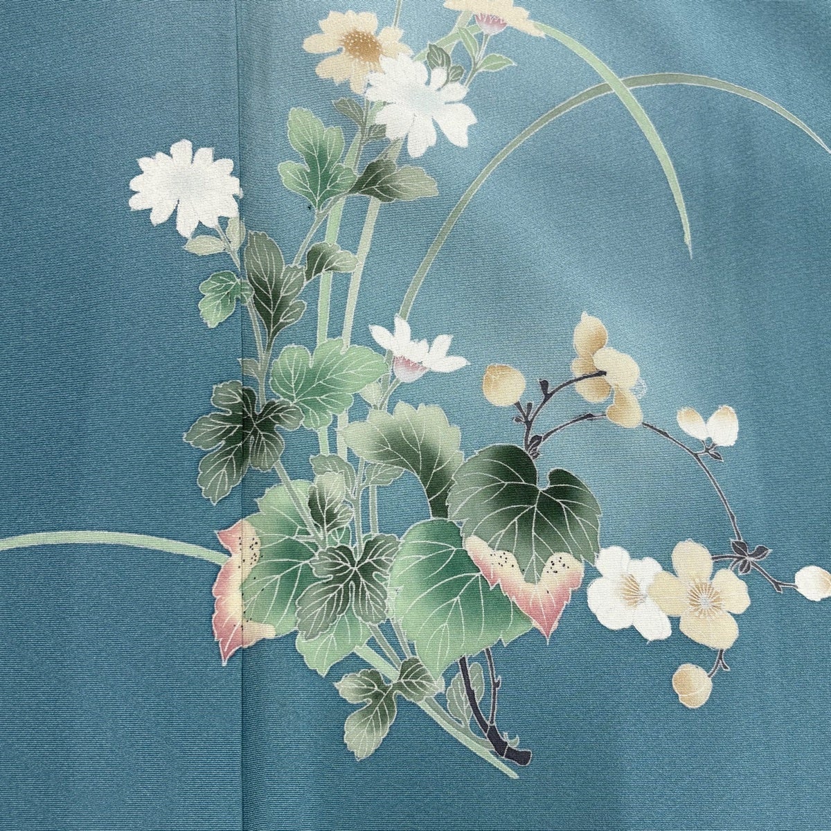 付下げ 身丈160cm 裄丈64cm M 袷 草花 ぼかし 水色 正絹 秀品｜中古