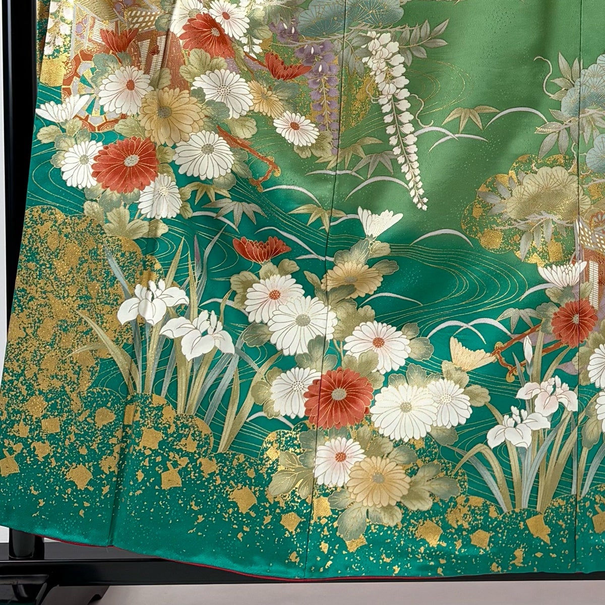 振袖 身丈158cm 裄丈63.5cm S 袷 御所車 菊 金彩 染め分け よもぎ色