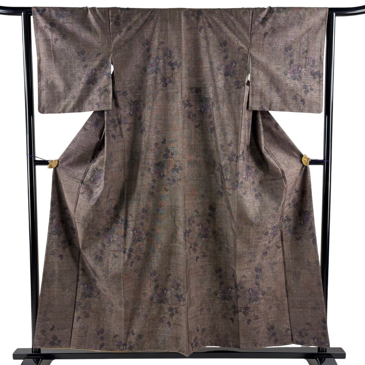 大島紬 身丈156cm 裄丈64cm M 袷 証紙あり 草花 焦茶色 正絹 秀品