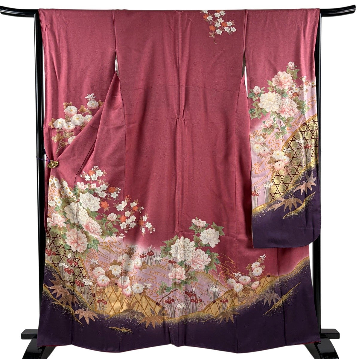 振袖 身丈162cm 裄丈66cm M 袷 牡丹 蒲公英 金彩 ぼかし 赤 正絹 秀品