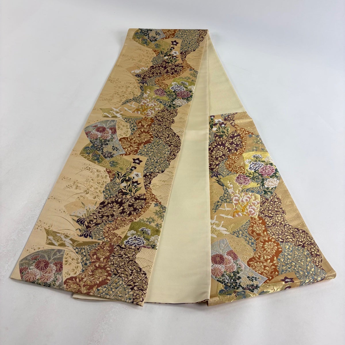 美品】 袋帯 秀品 梅 草花 金銀糸 箔 ベージュ 六通 正絹｜中古・古着