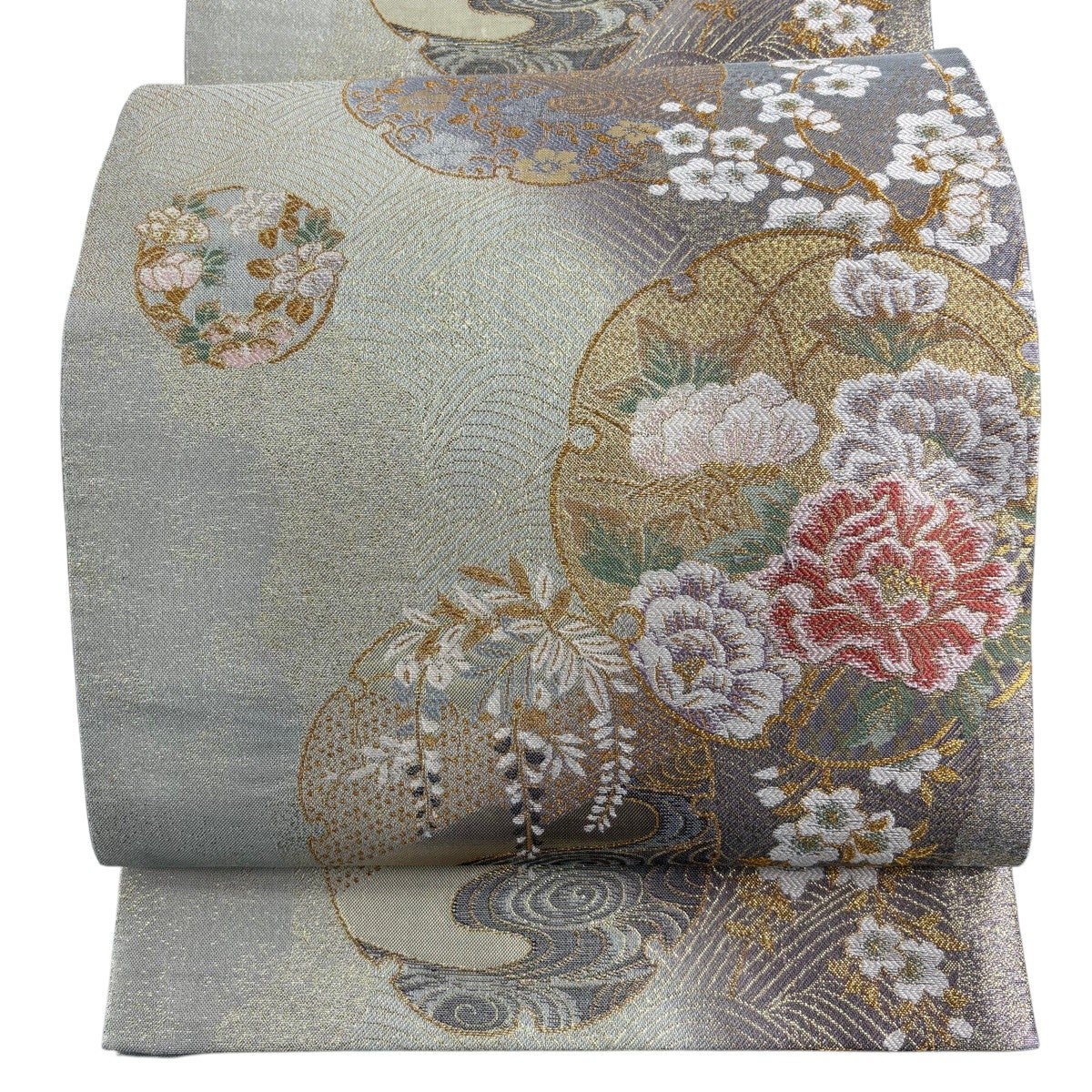 美品】 袋帯 秀品 雪輪 牡丹 金銀糸 箔 灰紫 六通 正絹｜中古・古着