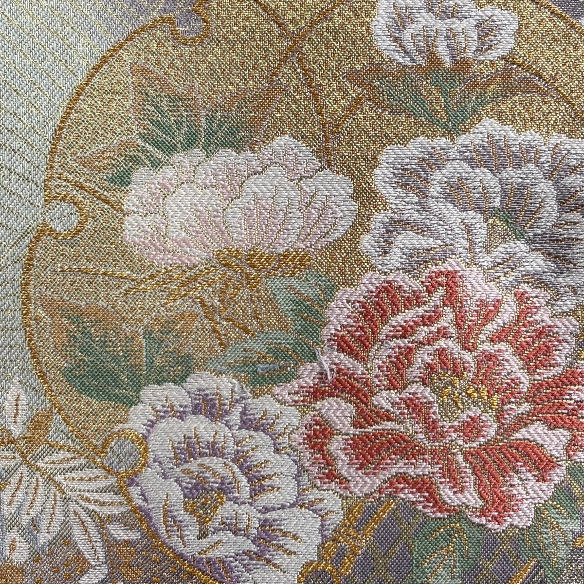 美品】 袋帯 秀品 雪輪 牡丹 金銀糸 箔 灰紫 六通 正絹｜中古・古着
