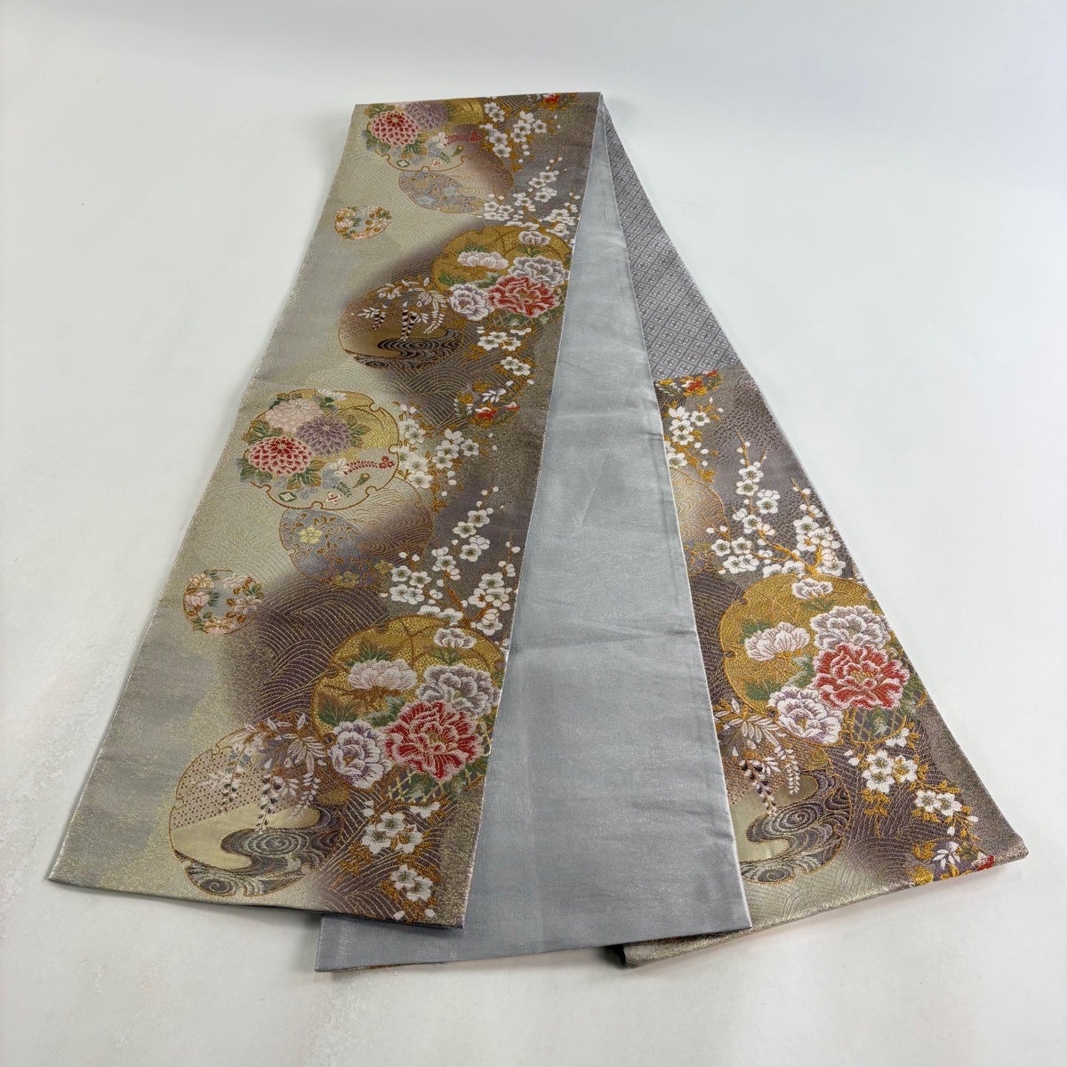 美品】 袋帯 秀品 雪輪 牡丹 金銀糸 箔 灰紫 六通 正絹｜中古・古着