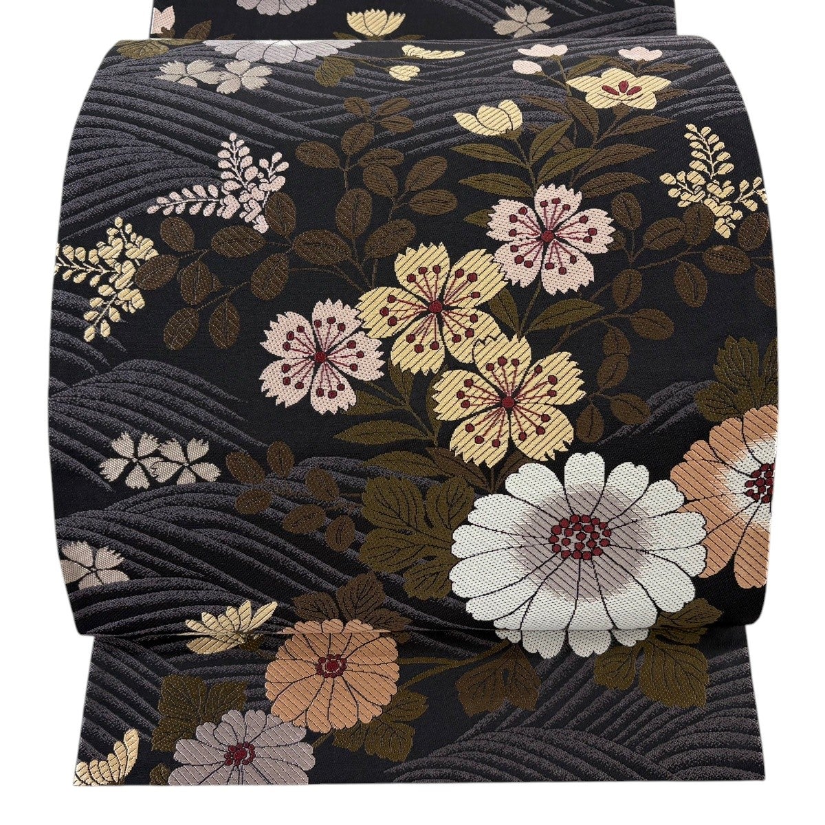 美品】 袋帯 秀品 落款あり こむさでもーど 菊 波 墨色 六通 正絹
