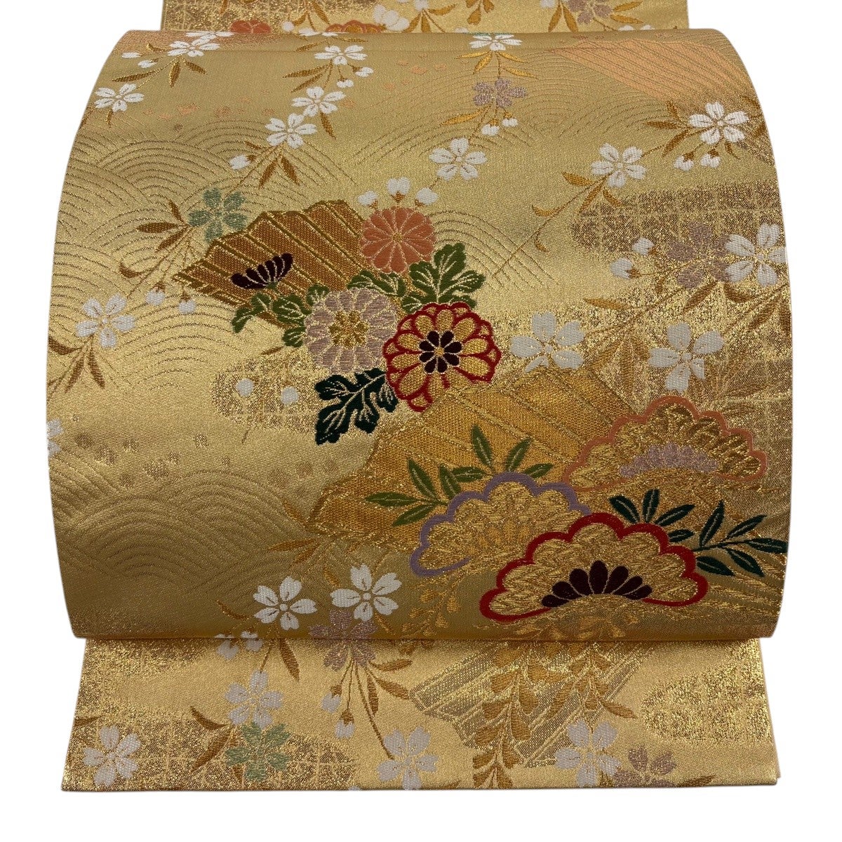 美品】 袋帯 秀品 鈴乃屋 扇 草花 金糸 箔 金色 六通 正絹｜中古・古着