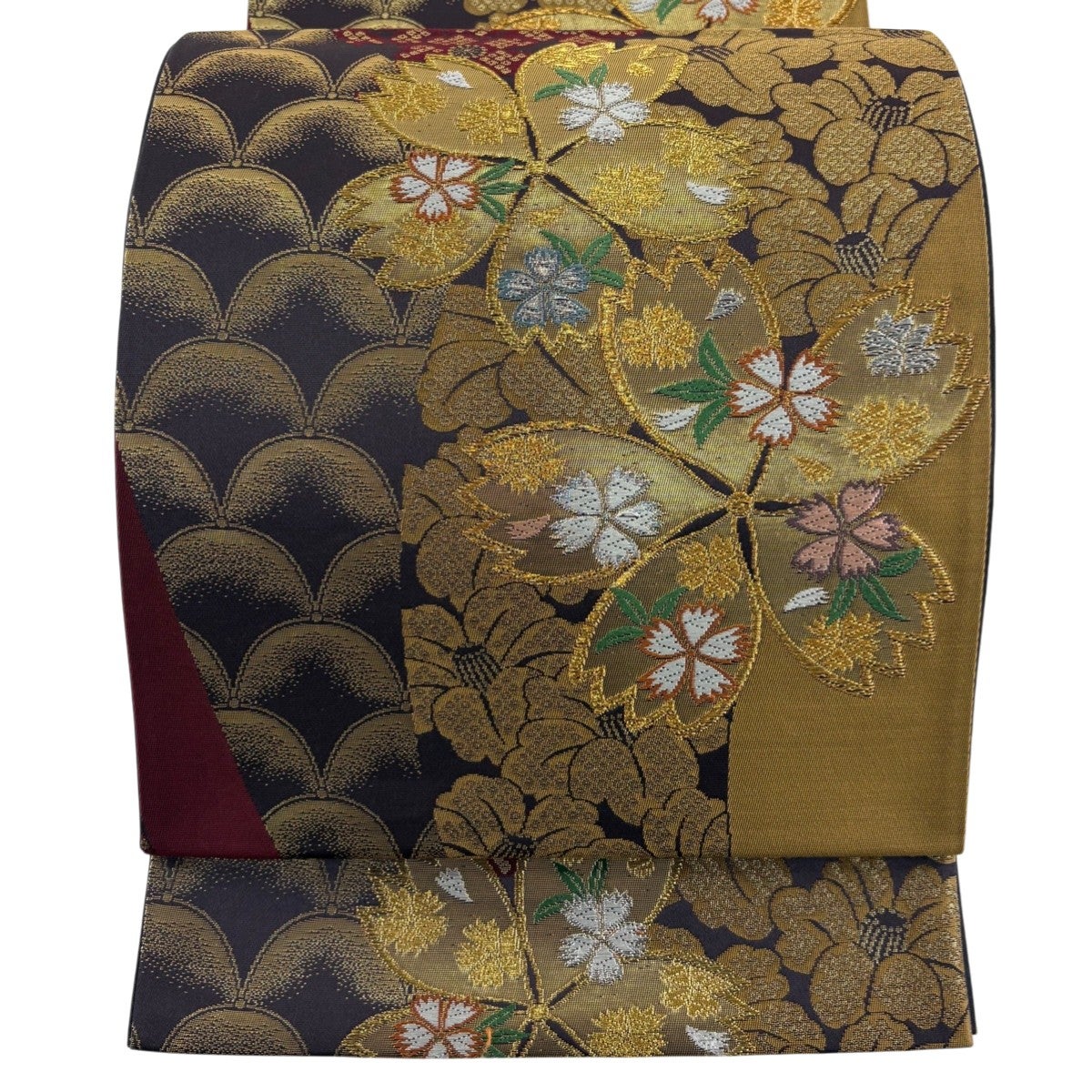 袋帯 秀品 斉藤三才 落款あり 蝶 籠目 箔 金彩 紺色 全通 正絹｜中古