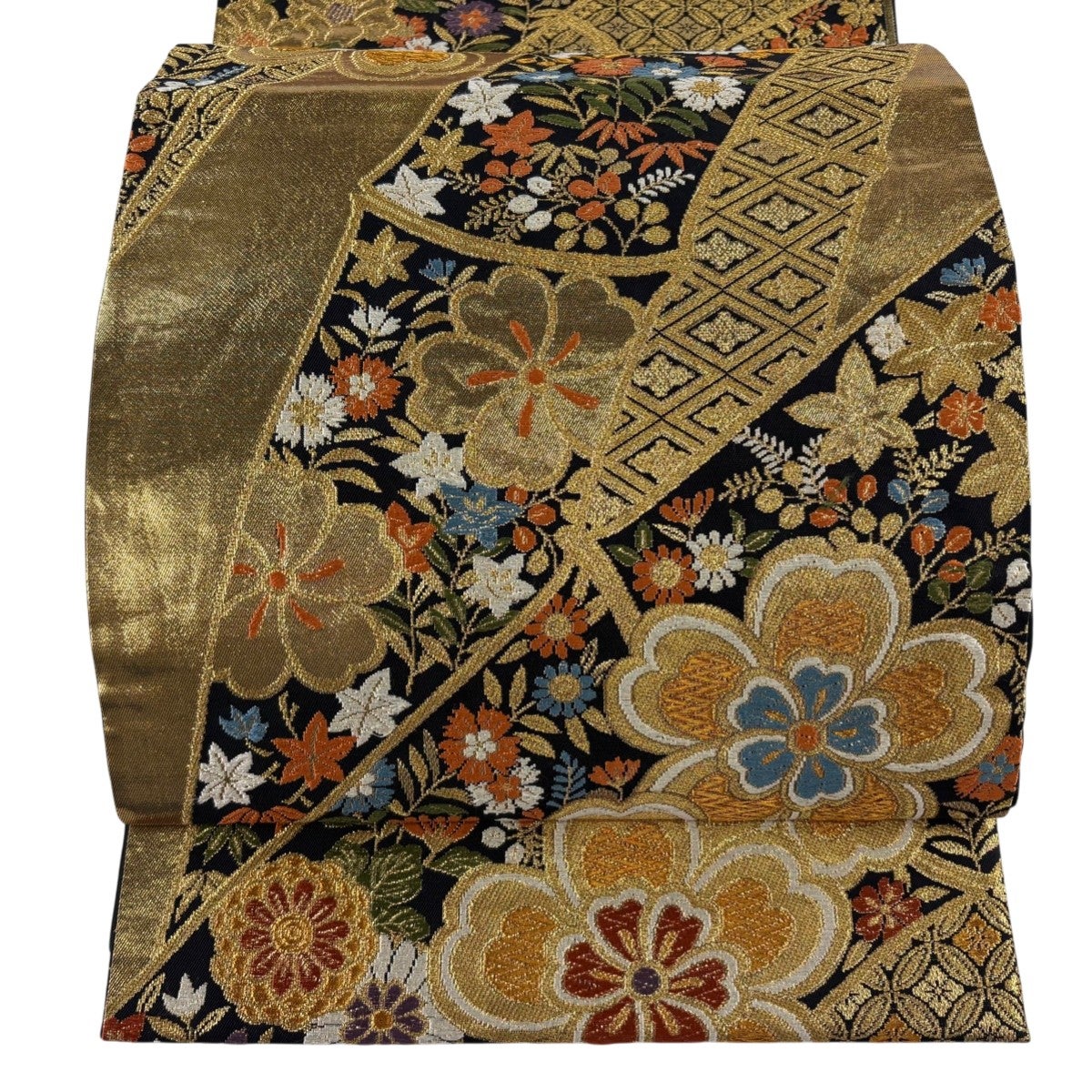 美品】 袋帯 秀品 七宝文 桜 唐織 金糸 金色 六通 正絹｜中古・古着