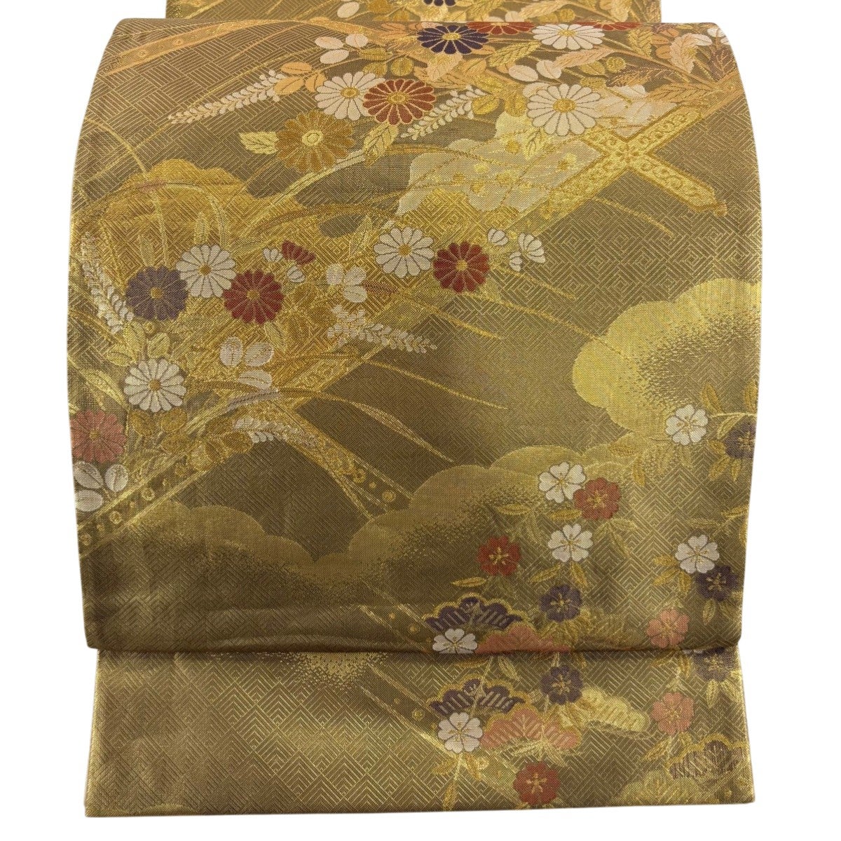 袋帯 秀品 夏帯 草花 雲文 金銀糸 唐織 薄オレンジ 六通 正絹｜中古