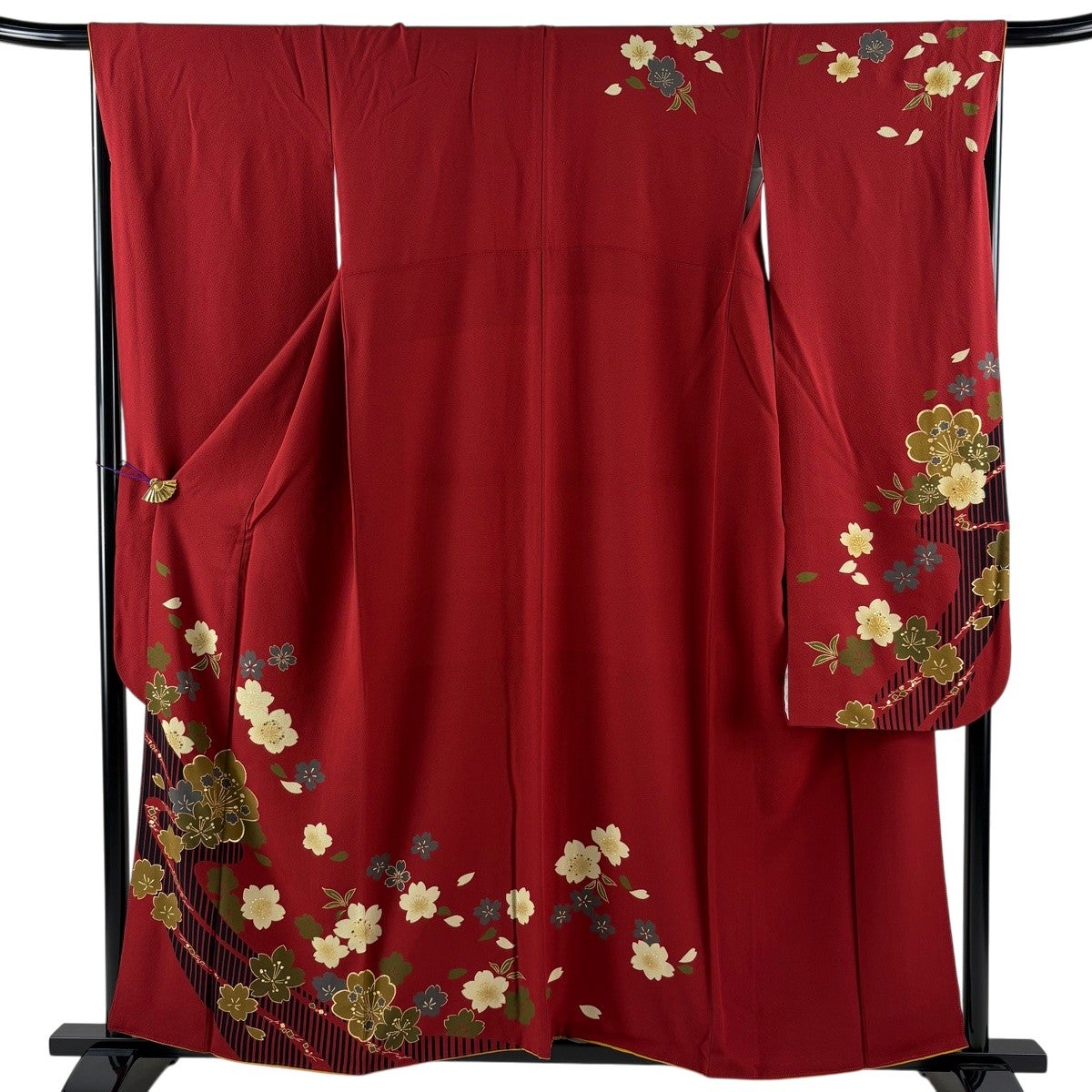 振袖 身丈158.5cm 裄丈67cm M 袷 桜 流水 金彩 赤 正絹 秀品｜中古