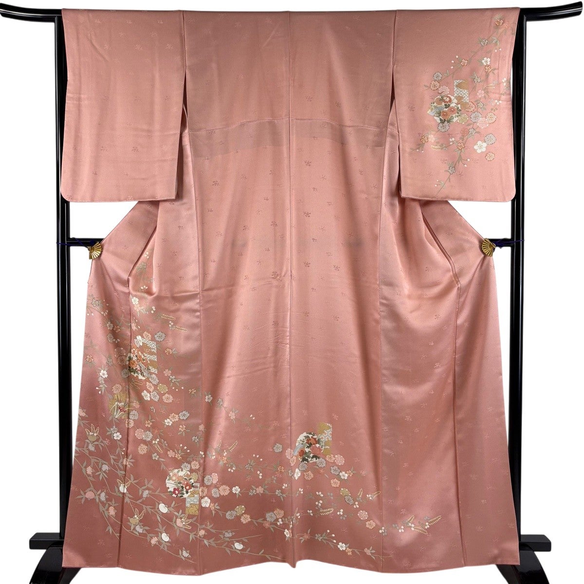 美品】 訪問着 身丈163cm 裄丈65cm M 袷 雪輪 草花 金糸 金彩 ピンク