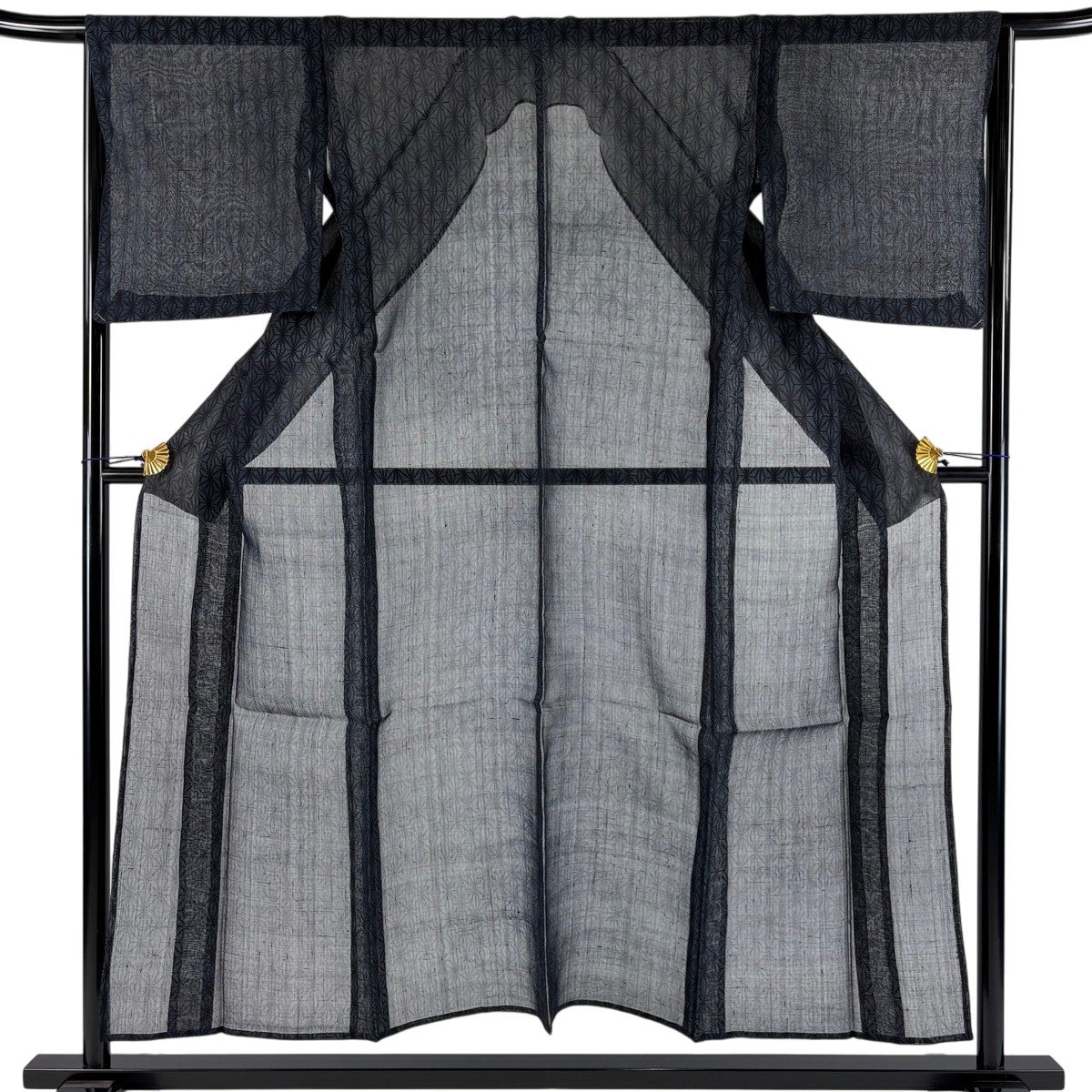 美品】 紬 身丈153cm 裄丈67cm M 薄物 夏紬 麻の葉 墨色 正絹 秀品