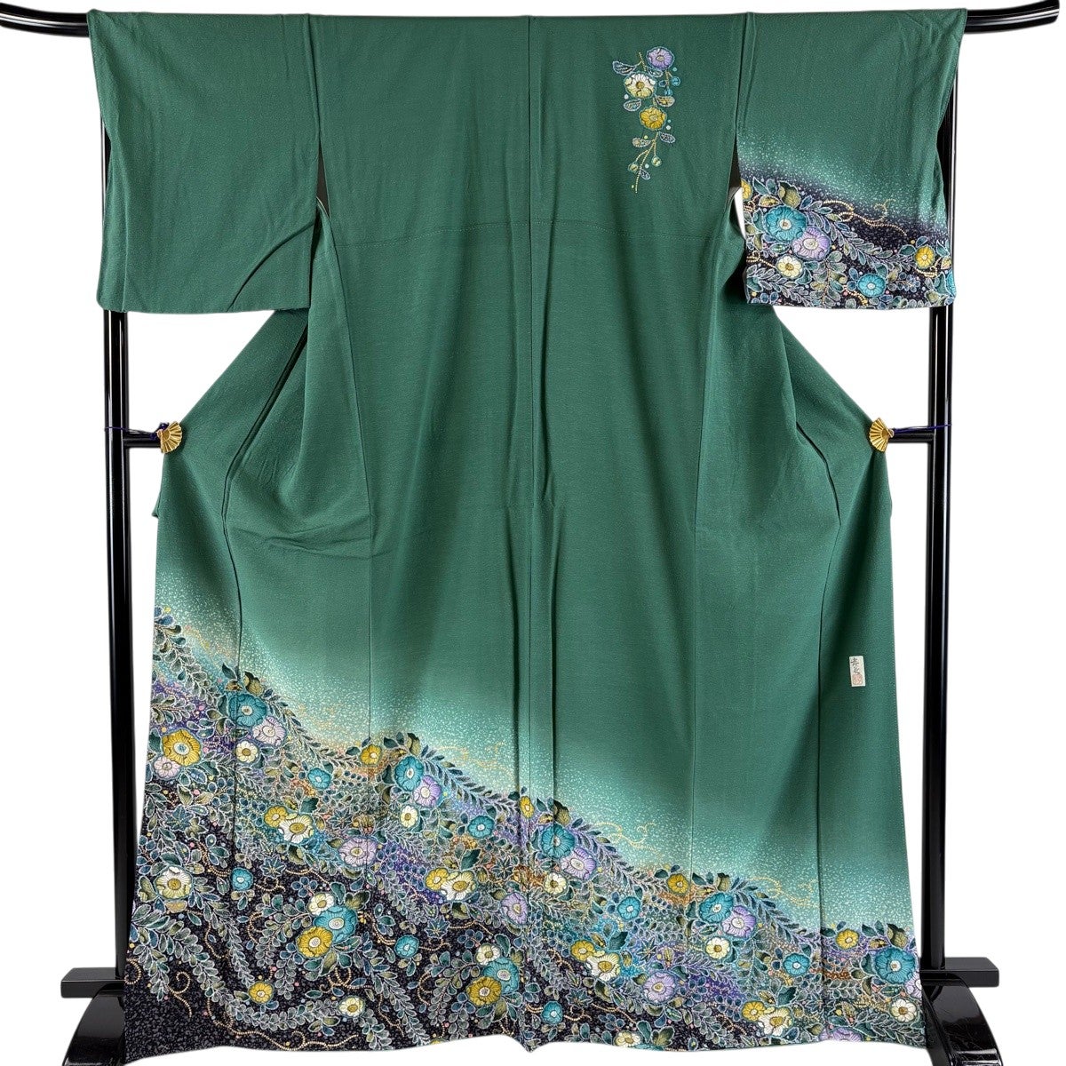 訪問着 身丈168cm 裄丈68cm L 袷 落款あり 辻が花 金彩 ぼかし 緑 正絹