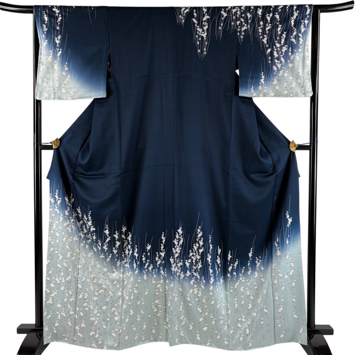 訪問着 身丈165cm 裄丈64cm M 袷 菊 銀彩 箔 紺色 正絹 秀品｜中古