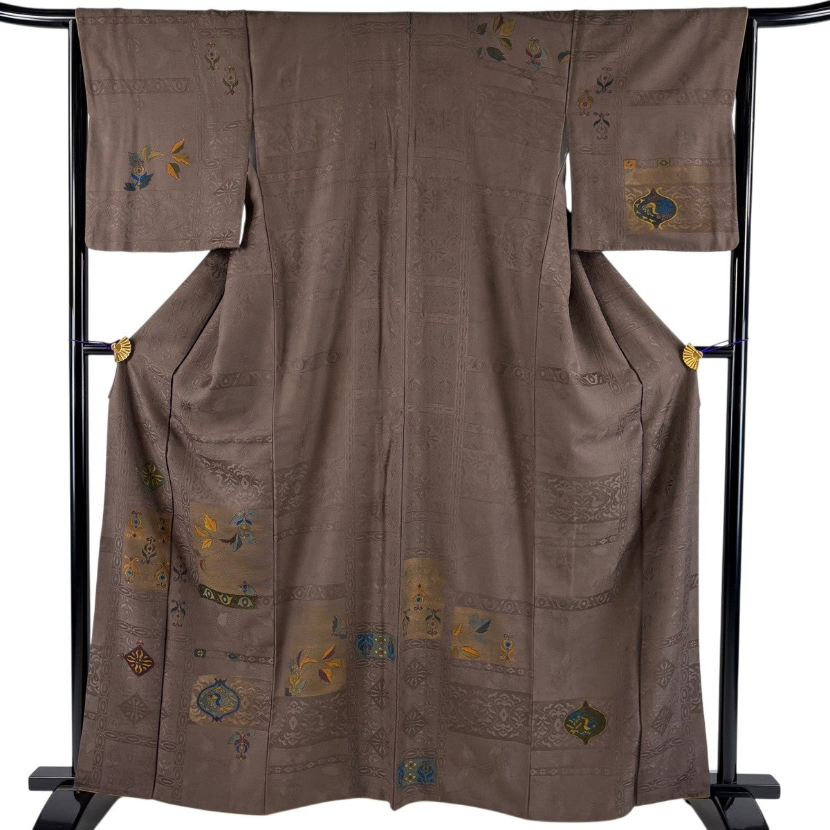 美品】 付下げ 身丈162cm 裄丈64.5cm M 袷 鳥 葉柄 金糸 茶色 正絹 秀