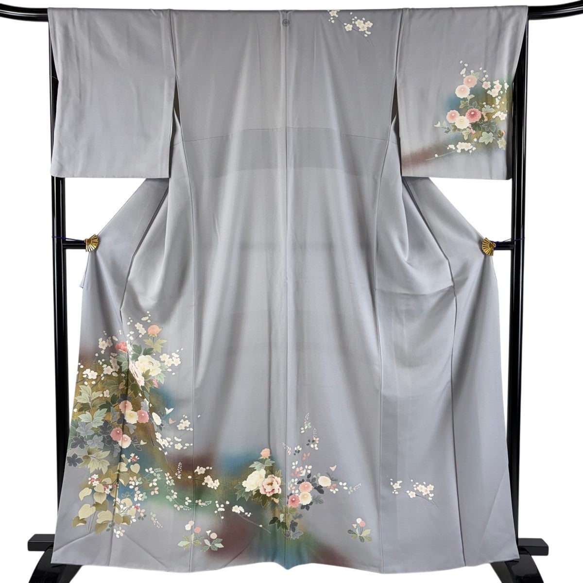 訪問着 身丈164.5cm 裄丈66.5cm M 袷 牡丹 菊 金彩 灰色 正絹 秀品 一
