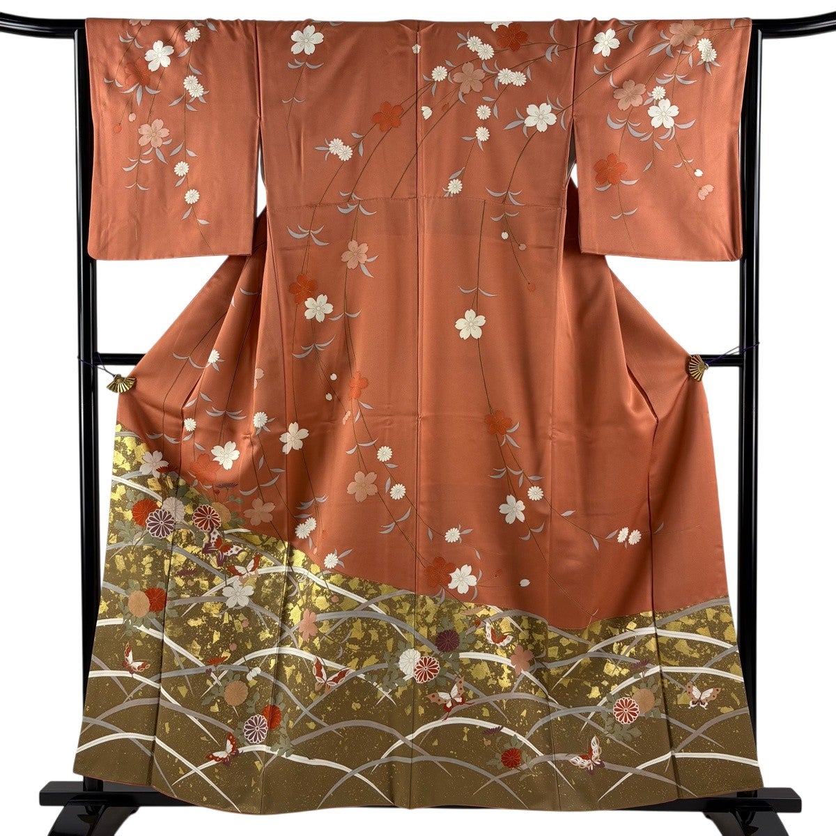 訪問着 身丈157cm 裄丈64.5cm M 袷 菊 蝶 金糸 金彩 オレンジ 正絹 秀