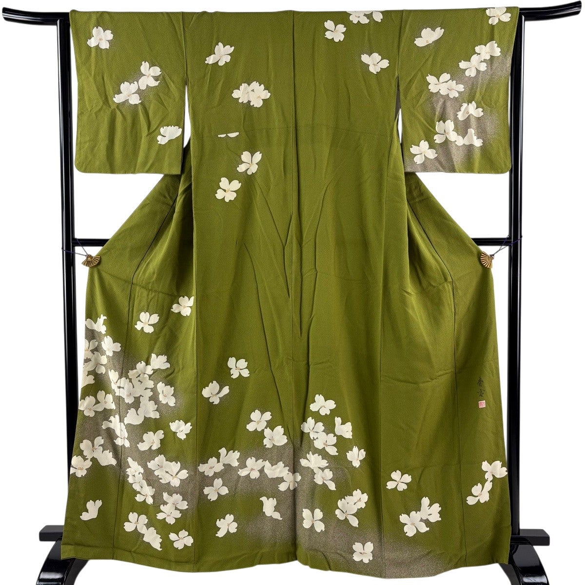 訪問着 身丈165.5cm 裄丈64.5cm M 袷 山科春宣 落款あり 草花 霞 縮緬