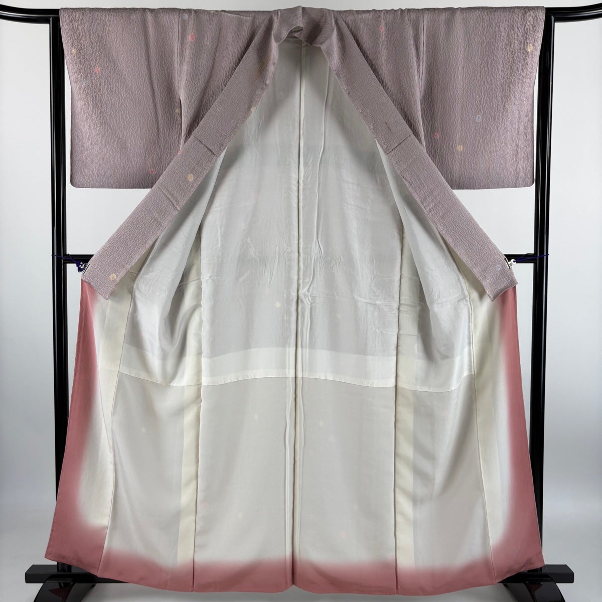 小紋 身丈160.5cm 裄丈63.5cm S 袷 縞 地紋 金彩 薄紫 正絹 秀品｜中古