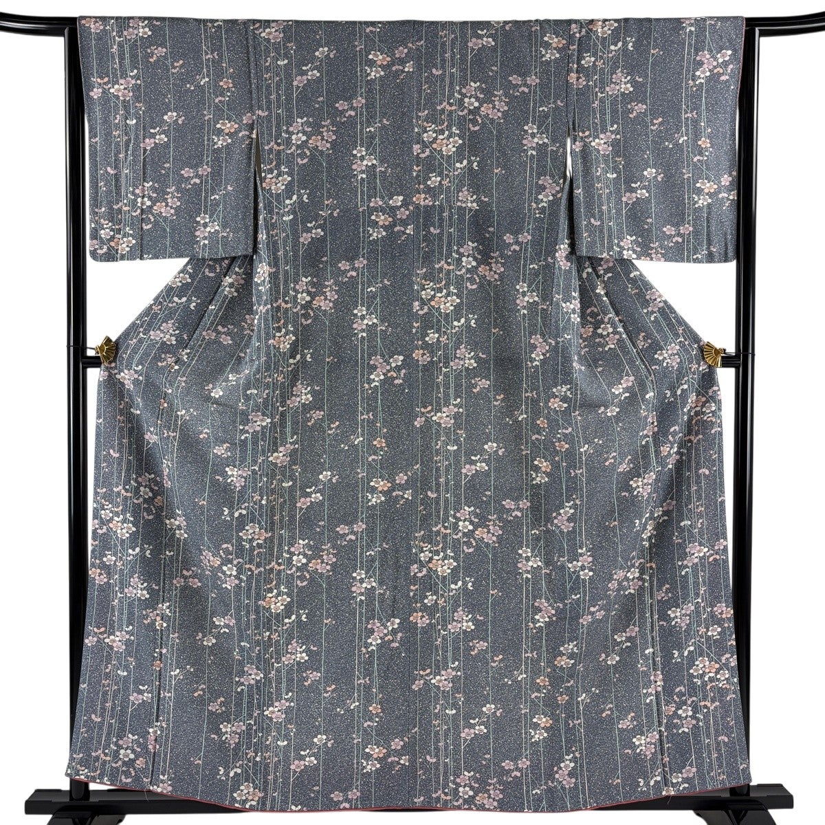美品】 小紋 身丈157.5cm 裄丈63.5cm S 袷 枝梅 幾何学模様 灰色 正絹