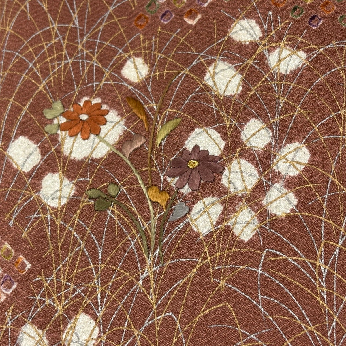 訪問着 身丈160cm 裄丈66.5cm M 袷 草花 幾何学模様 絞り 刺繍 小豆色