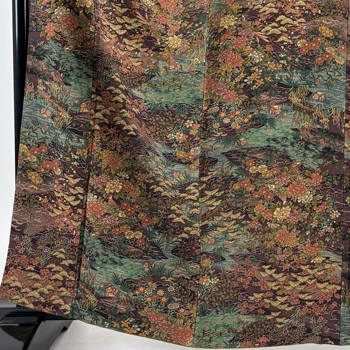 美品】 小紋 身丈163.5cm 裄丈69cm L 袷 花鳥 流水 縮緬 茶紫 正絹