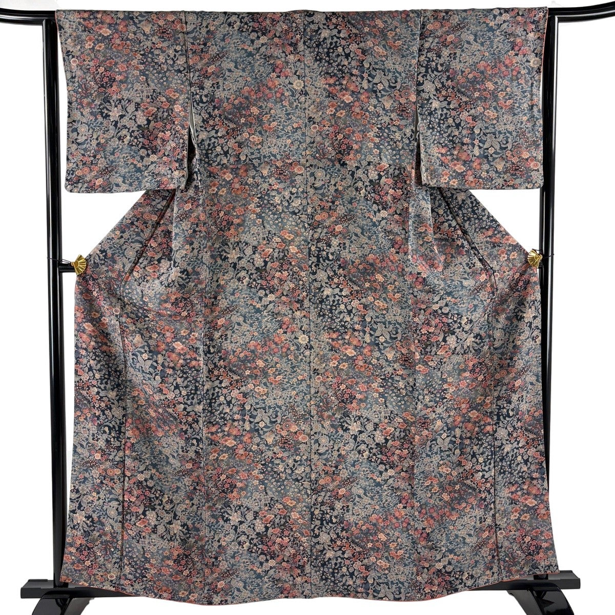 ★専用裄直し★美品 小紋 濃いブルーグレー 身丈160.0cm 袷 お洒落 正絹 小紋 身丈160cm 裄丈66.5cm M 袷 椿 青灰色 正絹 優品｜中古・古着