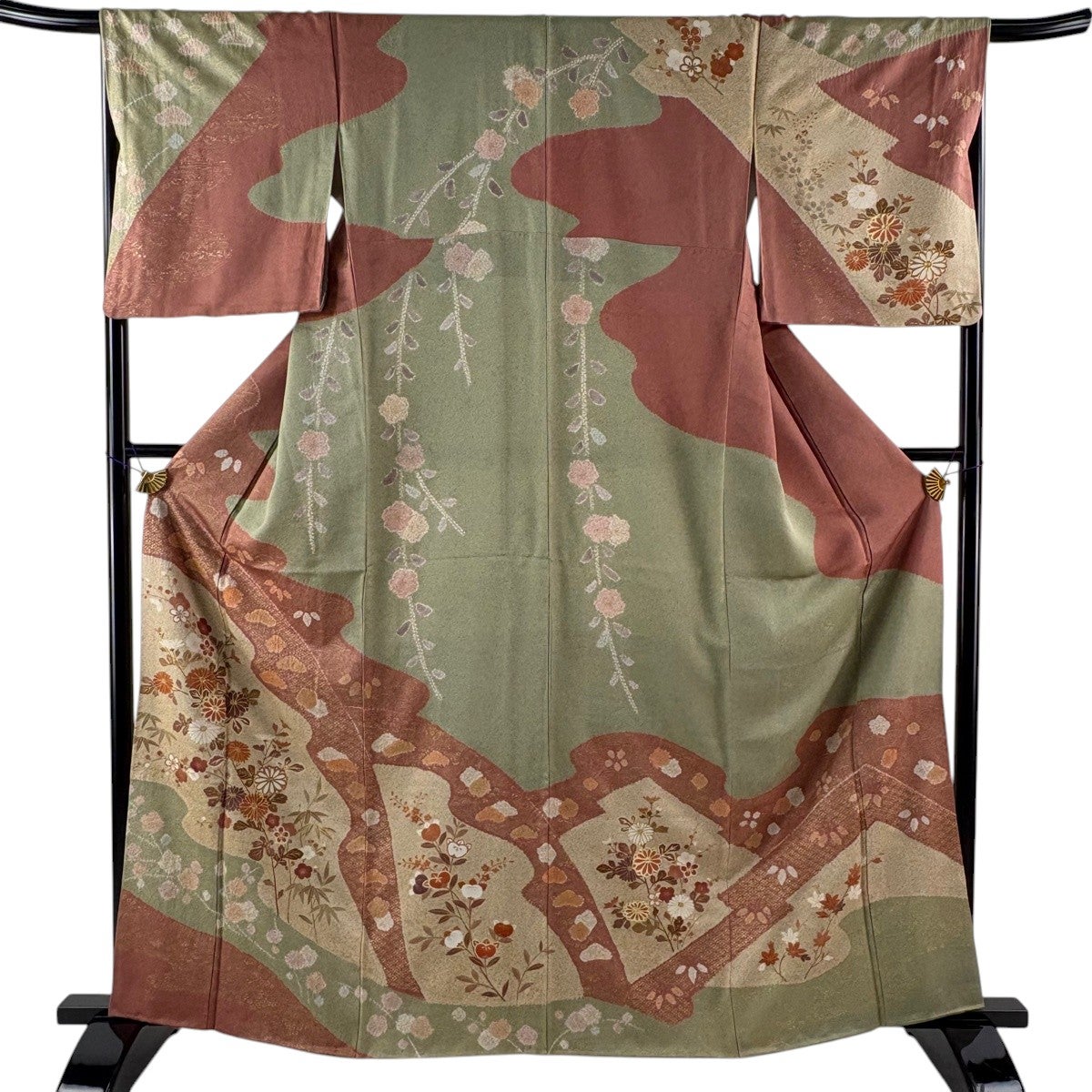 訪問着 身丈163cm 裄丈67cm M 袷 菊 松竹梅 金彩 灰緑 正絹 名品｜中古