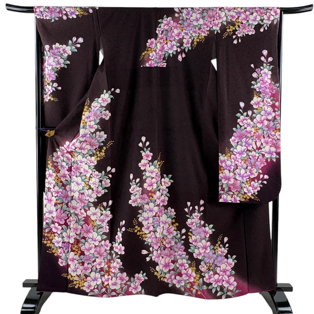 ■E5336■美品■正絹■本紫色　花尽くし柄　袷　振袖■丈164　裄65.5 美品】 振袖 身丈162.5cm 裄丈66.5cm M 袷 草花 ぼかし 茶紫 正絹 名品