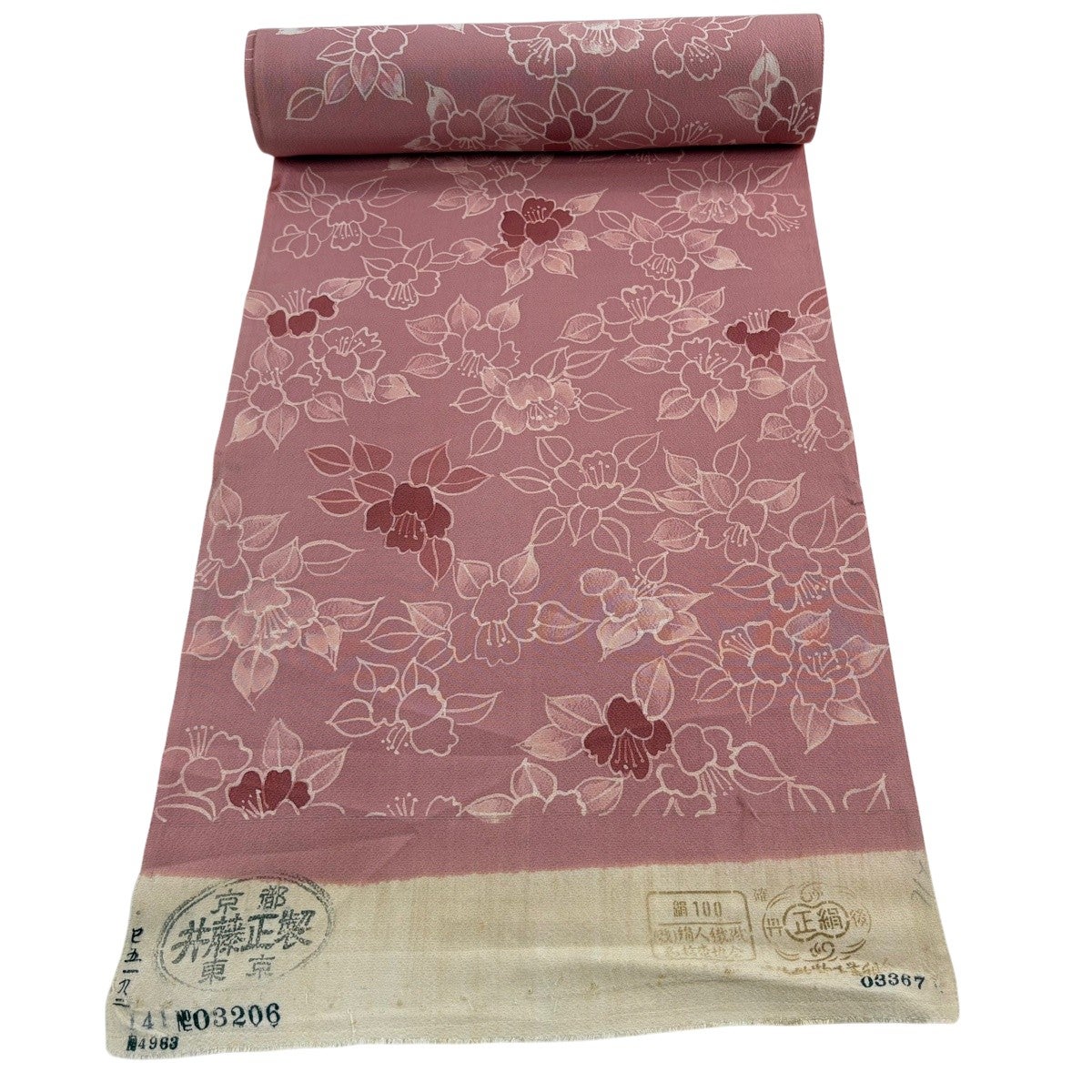 反物 秀品 小紋 建物 草花 薄ピンク 正絹｜中古・古着・リサイクル着物