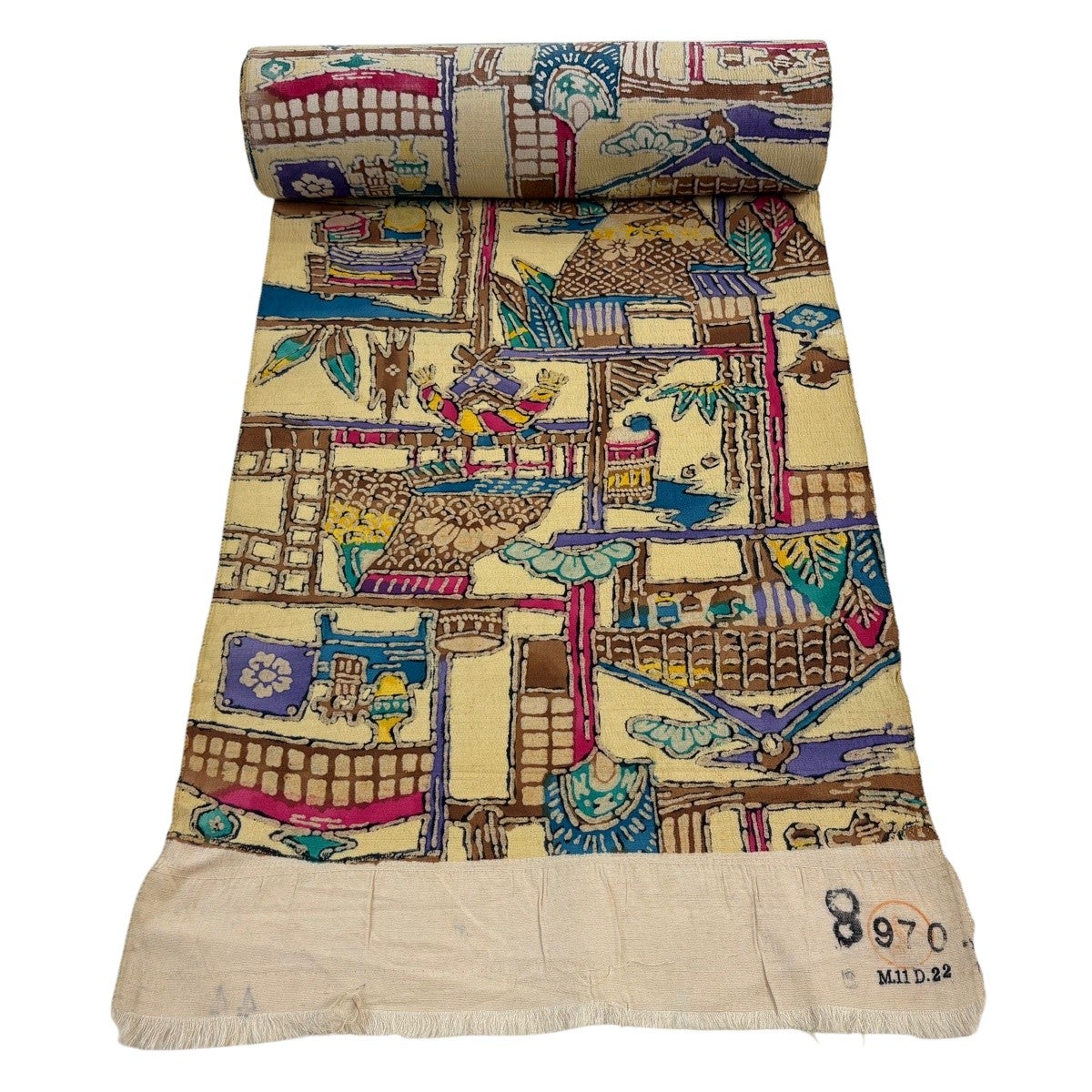 反物 秀品 小紋 風景 建物 薄黄 正絹｜中古・古着・リサイクル着物通販