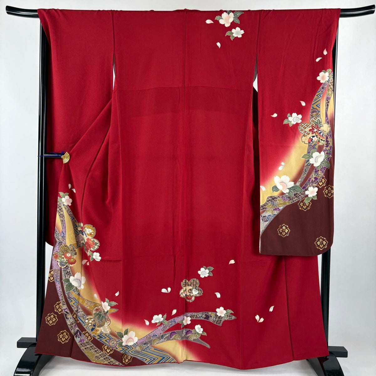 振袖 身丈162.5cm 裄丈68cm 正絹 秀品 【中古】 振袖 身丈162cm 裄丈66cm M 袷 椿 桜 金彩 染め分け 茶紫 正絹 秀品