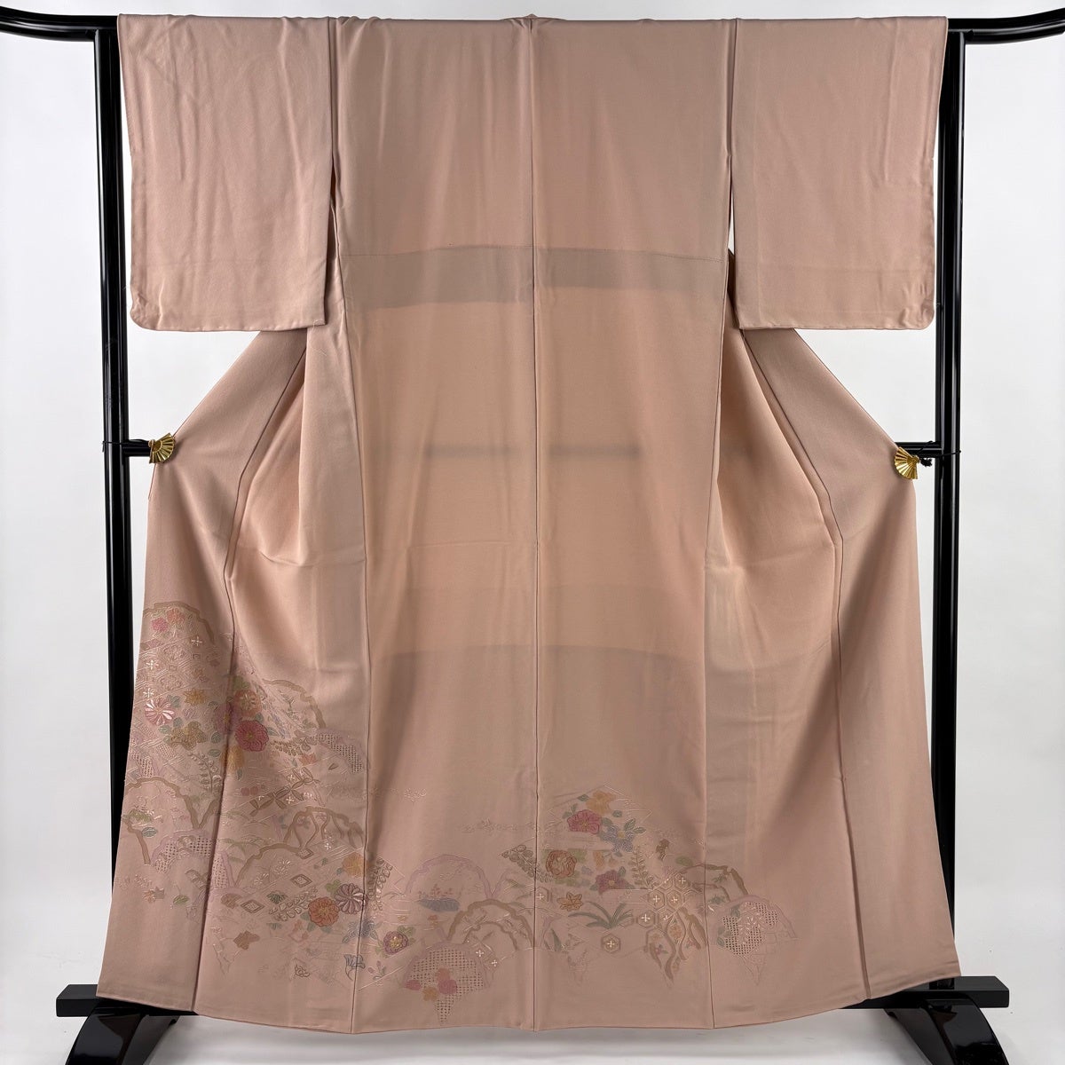 訪問着 身丈162cm 裄丈65.5cm M 袷 草花 松皮菱 刺繍 金糸 薄小豆 正絹 秀品