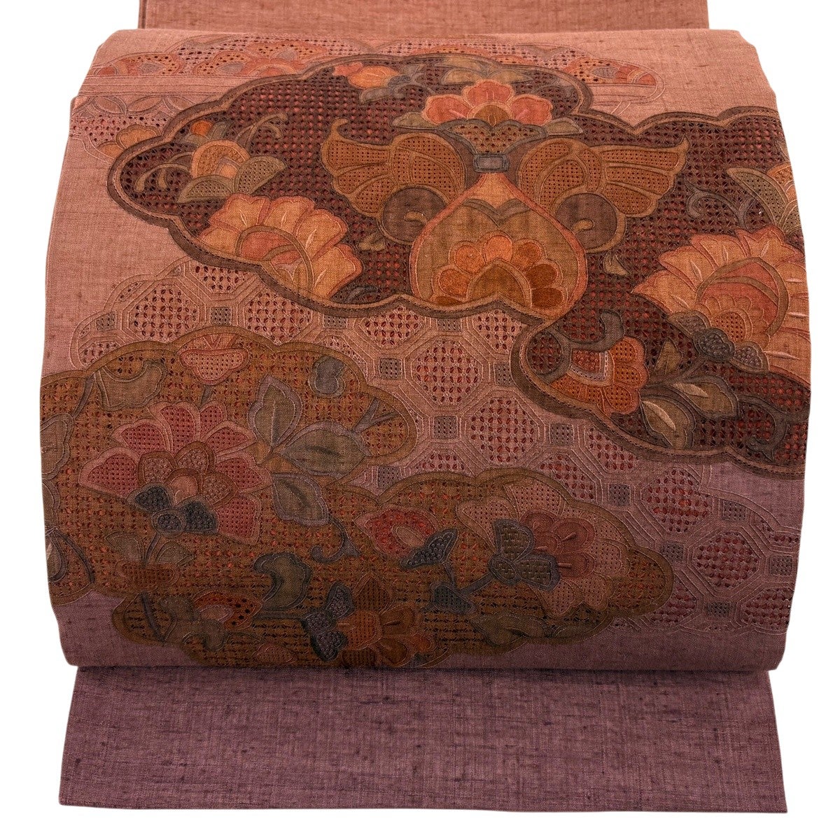 美品】 袋帯 秀品 雲文 草花 汕頭刺繍 赤茶 お太鼓柄 正絹｜中古・古着