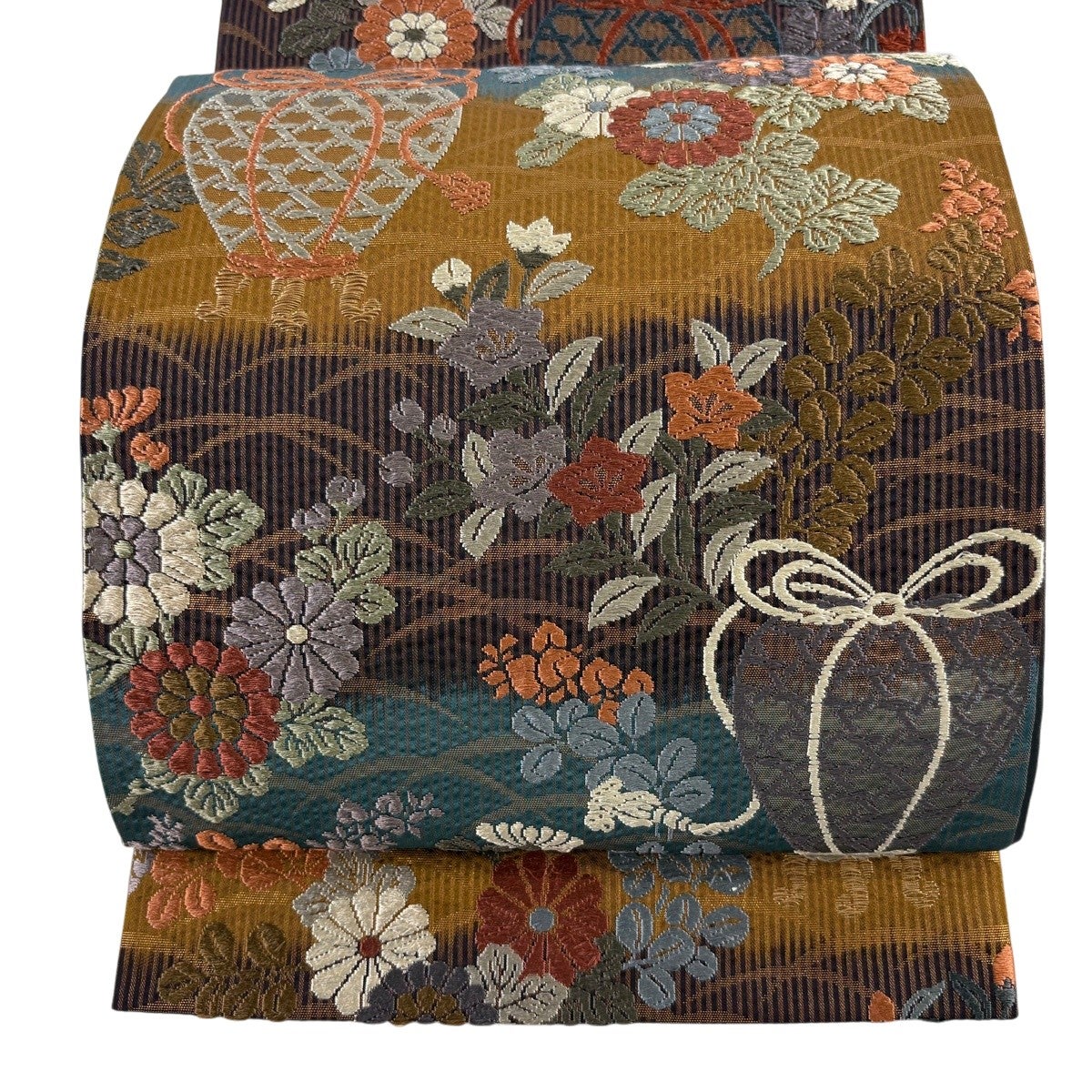 美品】 袋帯 秀品 茶壺 秋草 箔 刺繍 山吹茶色 六通 正絹｜中古・古着